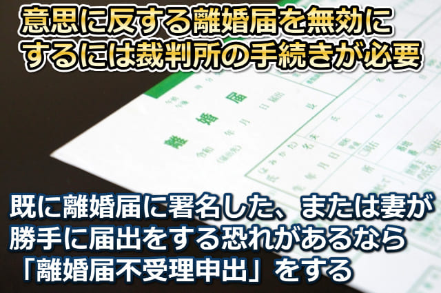離婚届の用紙の画像と「意思に反する離婚届を無効にするには」など文字
