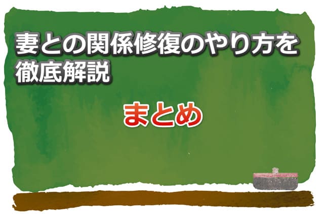 黒板のイラストと「妻との関係修復のやり方を徹底解説　まとめ」の文字