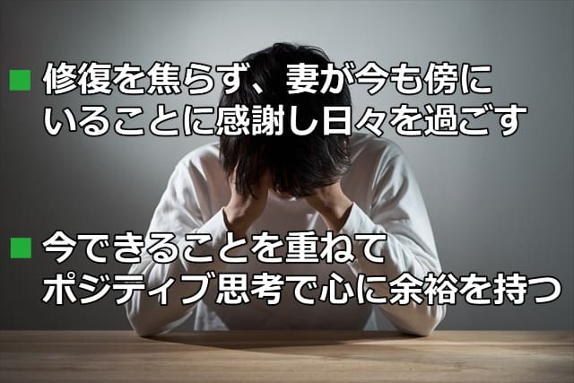 テーブルで頭を抱えて悩む男性の姿と「修復を焦らず、妻が今も傍にいることに感謝し日々を過ごす」などの文字