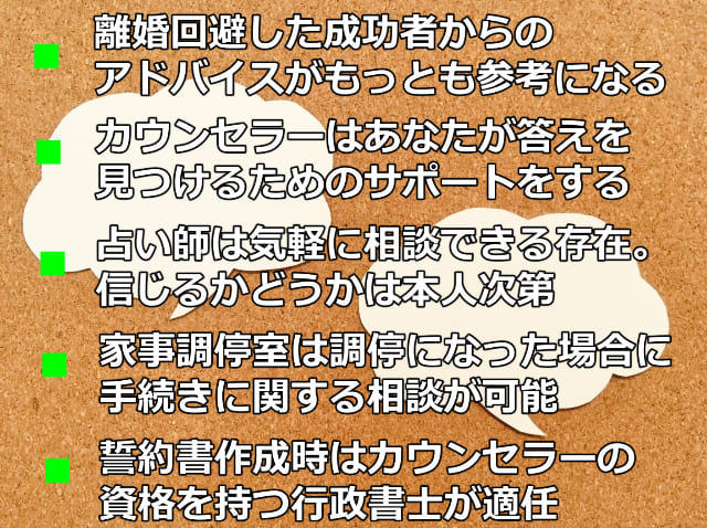 コルクボードに吹き出し２つが貼られている画像と「離婚回避した成功者からのアド倍すがもっとも参考になる」などの文字