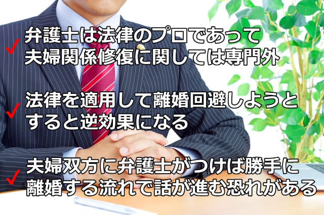 机の前に座るスーツ姿の弁護士と「弁護士は法律のプロであって夫婦関係修復に関しては専門外」などの文字