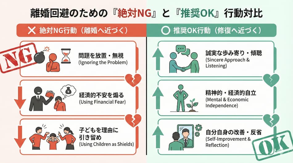 妻との離婚回避のためのngとokの行動対比の図解