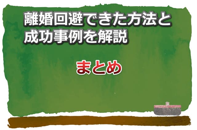 黒板のイラスト画像と「離婚できた方法と成功事例を解説　まとめ」の文字