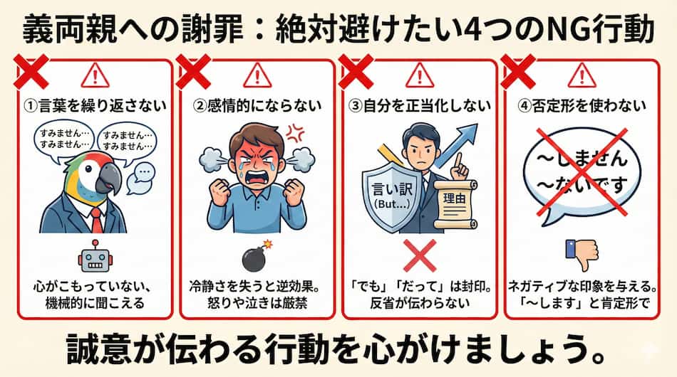 義両親に謝罪する際の4つの注意点の図解
