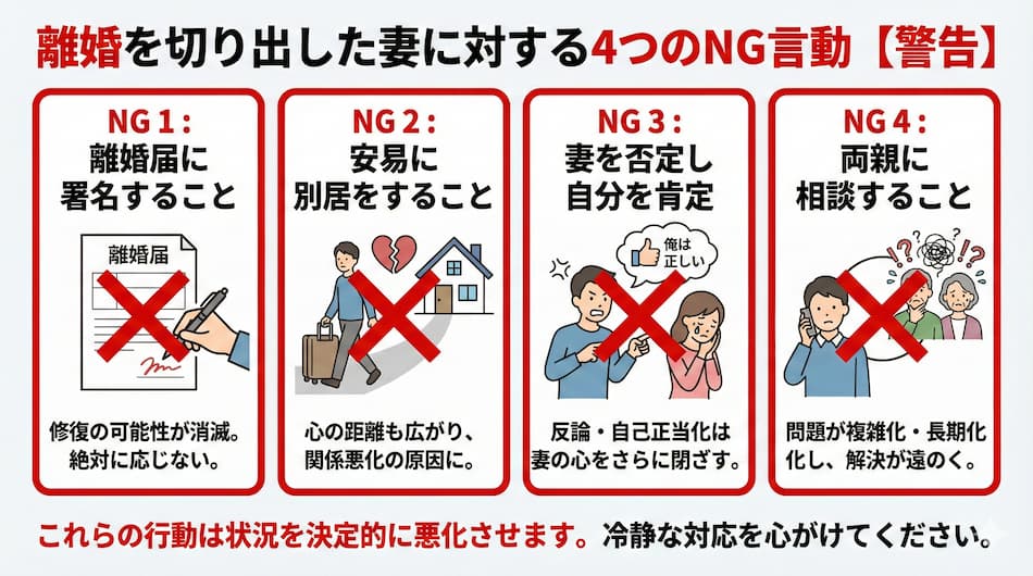 離婚を切り出した妻に対する4つのNG言動の解説図解