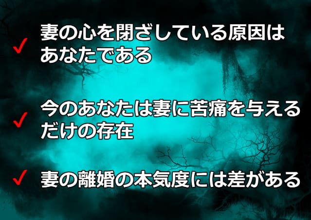 空が青く曇っているイラスト画像と「妻の離婚の本気度には差がある」などの文字