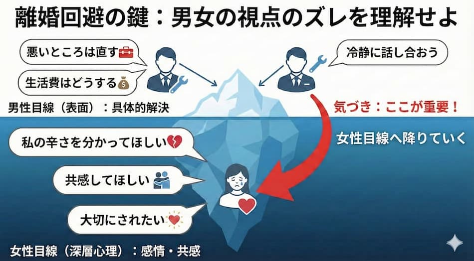 「離婚回避するには女性の目線に立った行動が必要」の図解