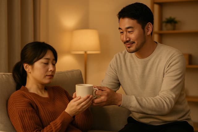夫が妻にコーヒーを渡す画像