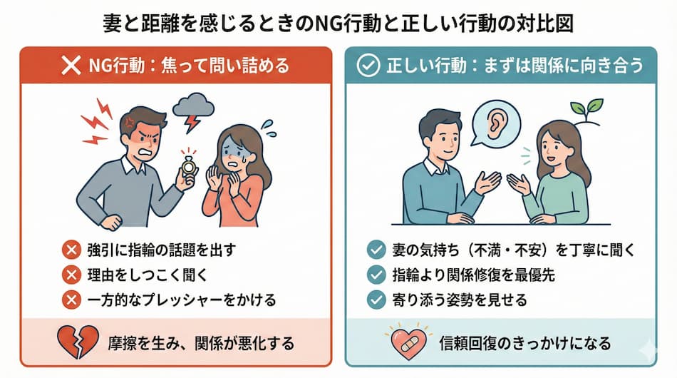 妻に結婚指輪をしてほしいと伝えるべき？「妻と距離感を感じるとき」の解説図解