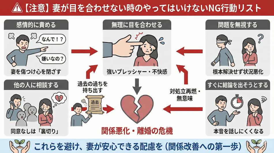 目を合わせない妻に対してやってはいけない行動の図解