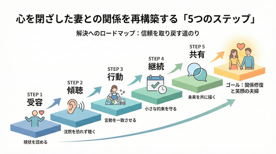 心を閉ざした妻との関係を再構築する「5つのステップ」の図解