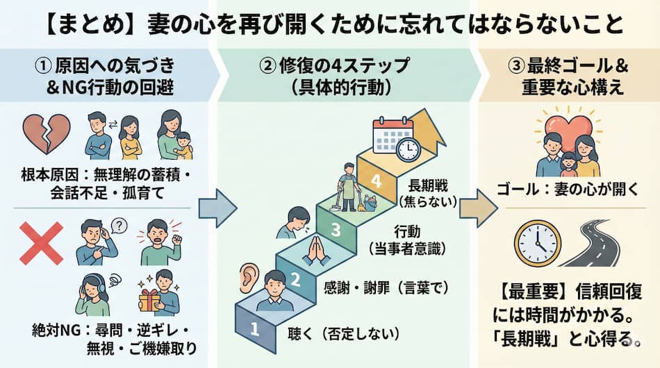 妻の心を再び開くために、夫が忘れてはならないことのまとめの図解
