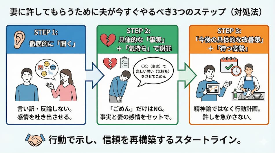 妻に許してもらうために夫が今すぐやるべき3つのステップの図解