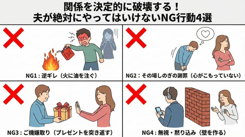 関係を決定的に破壊する！夫が絶対にやってはいけないNG行動4選の図解