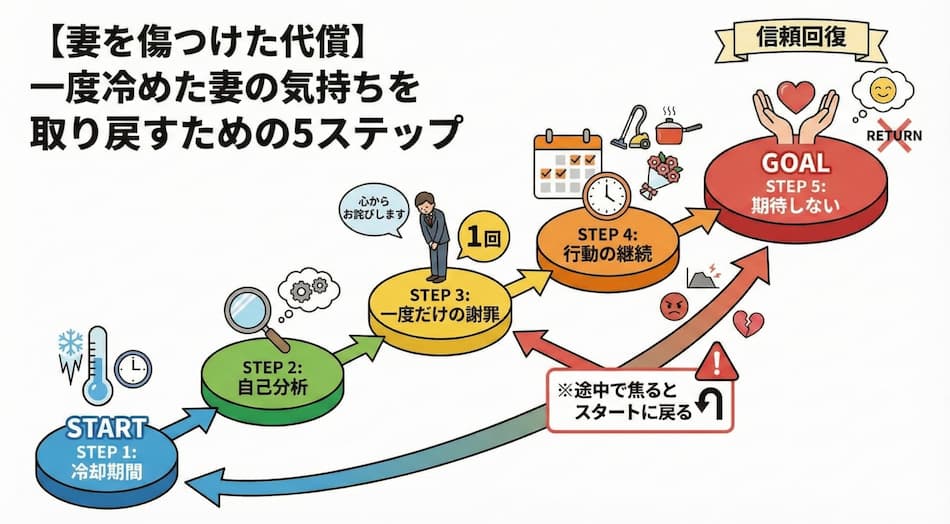 【妻を傷つけた代償】一度冷めた妻の気持ちを取り戻すための5ステップの図解