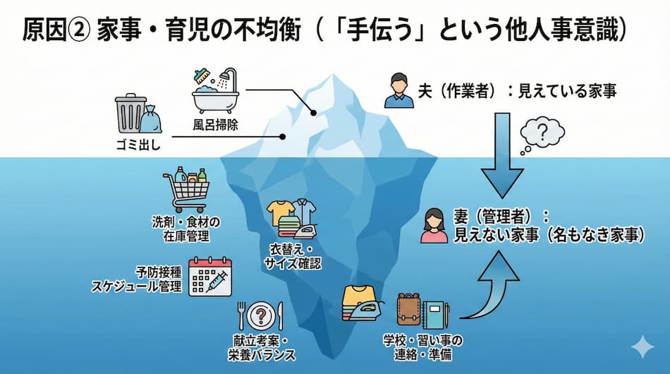 原因② 家事・育児の不均衡（「手伝う」という他人事意識）の図解