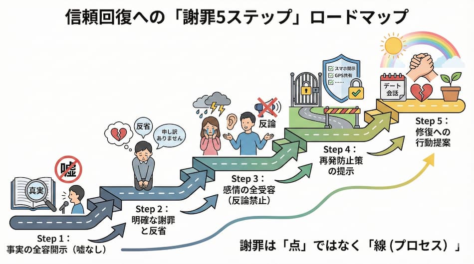 妻の信頼を取り戻すための「誠意が伝わる」謝罪5ステップの解説図解
