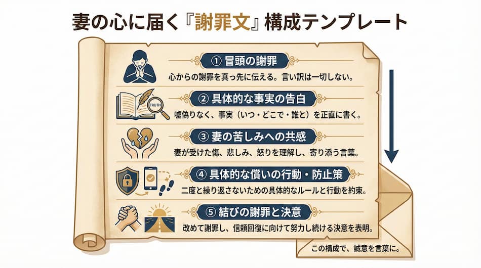 謝罪文に必ず含めるべき5つの構成要素の解説図解