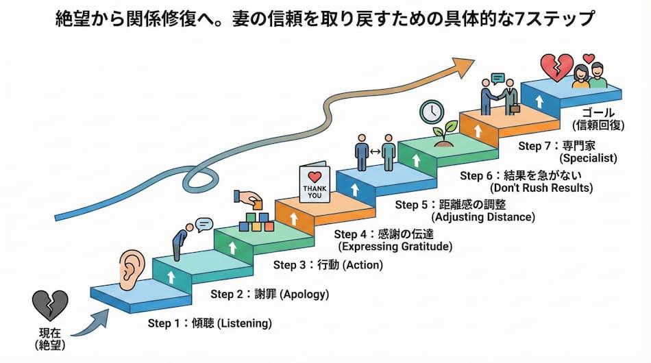 絶望から関係修復へ。妻の信頼を取り戻すための具体的な7ステップの図解