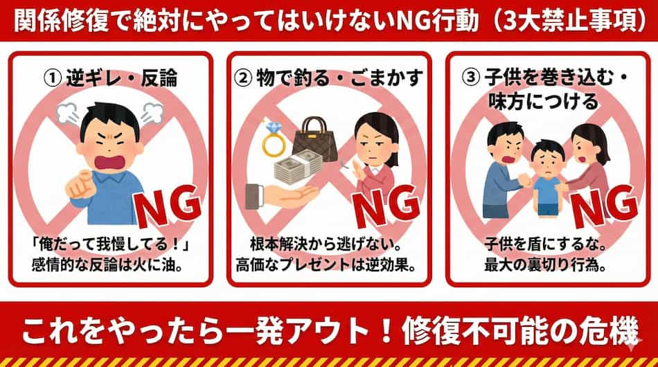 妻との関係修復で絶対にやってはいけない3代禁止事項の図解