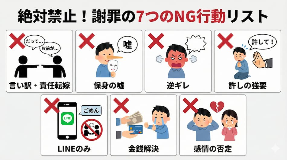 謝罪を「最悪」にする7つのNG行動の解説図解